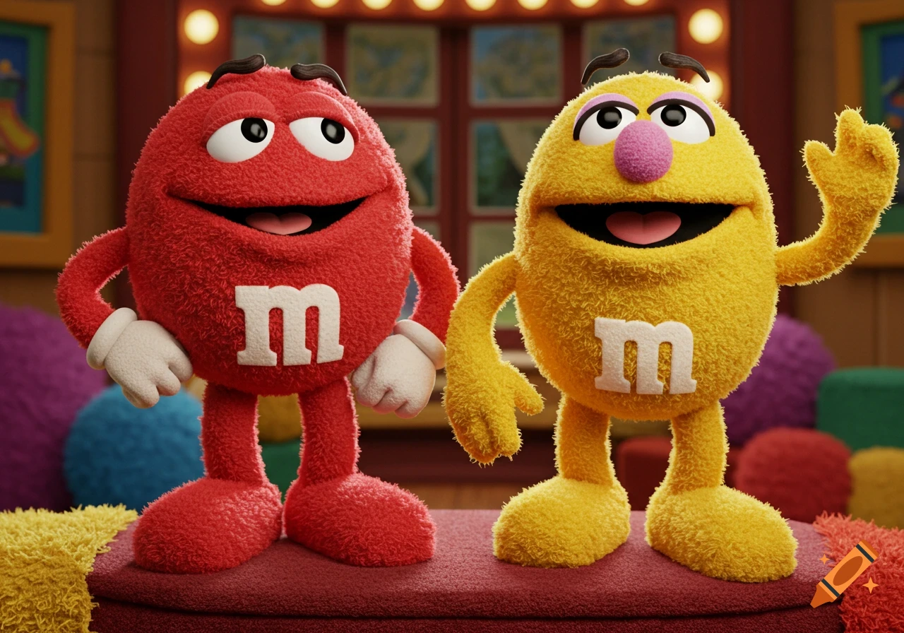 Fuzzy red and yellow M&M's characters styled as Muppets, smiling and standing on a red textured surface.