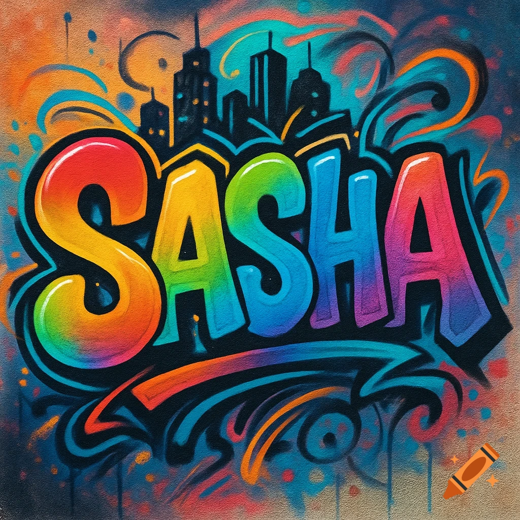 Vibrant graffiti art featuring the name SASHA in rainbow bubble letters, with a dark city skyline in the background.