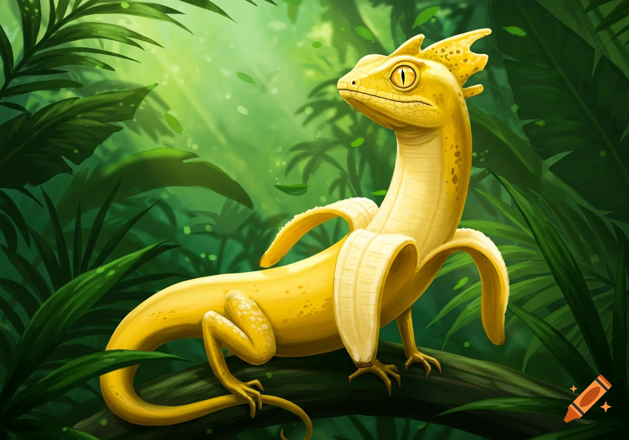 A yellow lizard-like creature with a banana for a body sits on a branch in a lush green jungle.