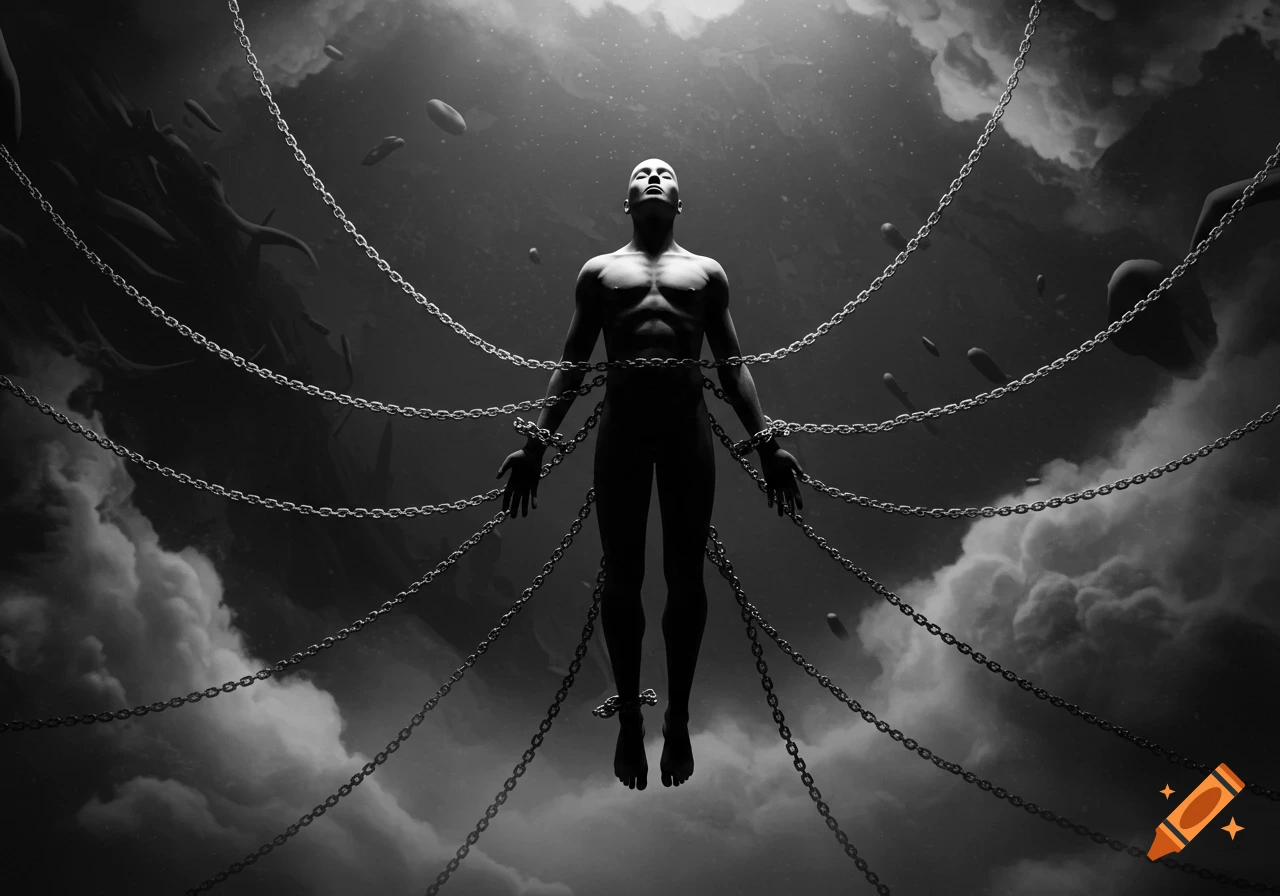 Black and white image of a man suspended by chains, floating in a dark, ethereal sky with clouds.