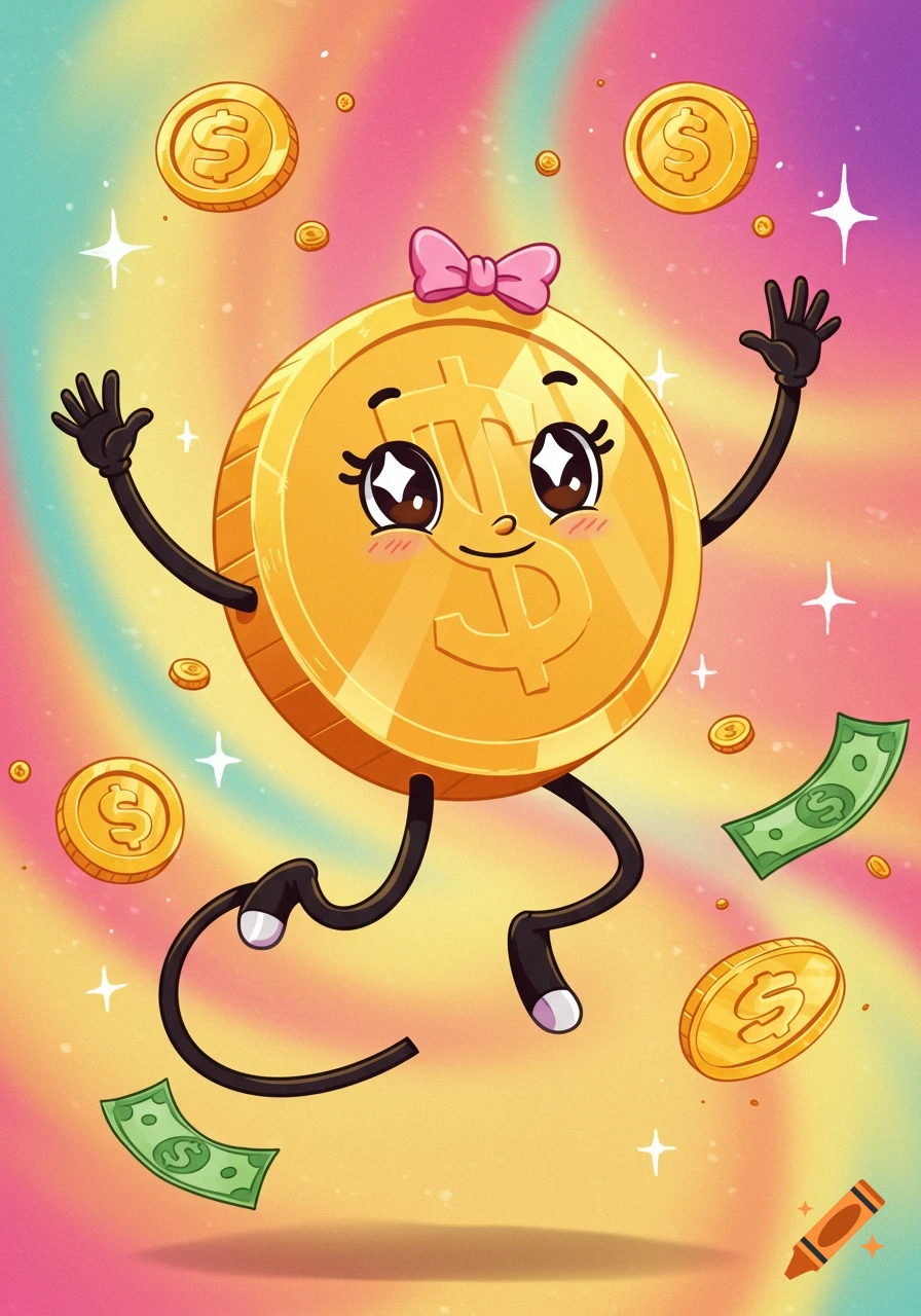 A cute, animated gold coin character with a pink bow and sparkling eyes, jumping happily with money and sparkles on a vibrant rainbow background.
