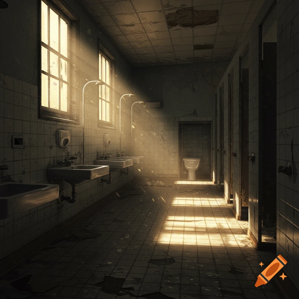Sunlight streams into a dark, abandoned public restroom with rows of sinks and toilet stalls.