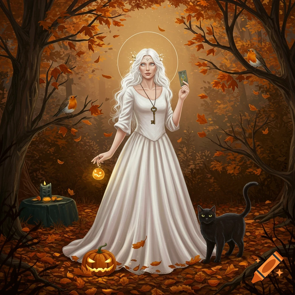 A white-haired witch in a white gown holds a glowing pumpkin lantern and a tarot card in an autumn forest with a black cat.
