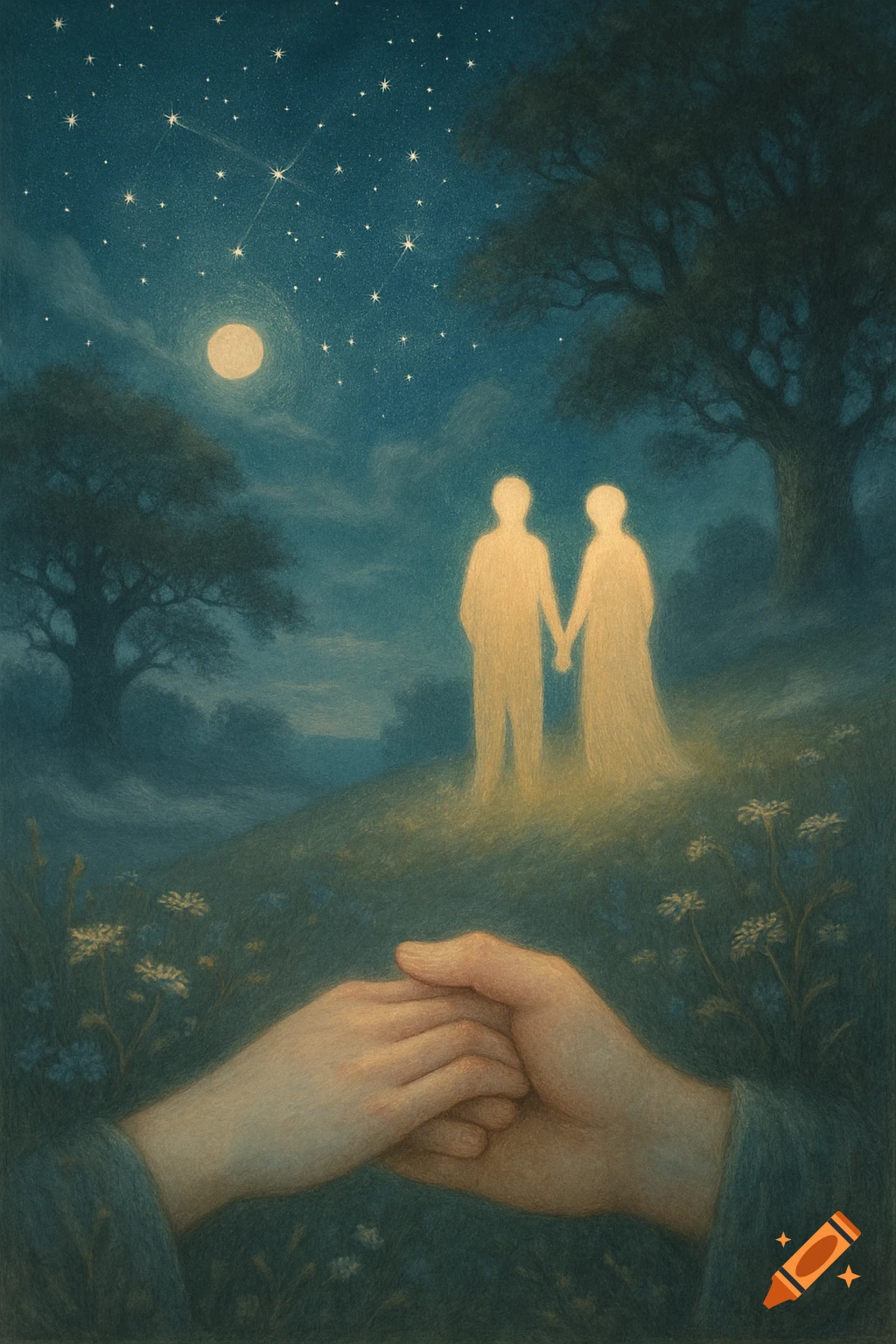 Dreamy illustration of two ethereal figures holding hands on a moonlit hill under a starry sky, with hands intertwined in the foreground.
