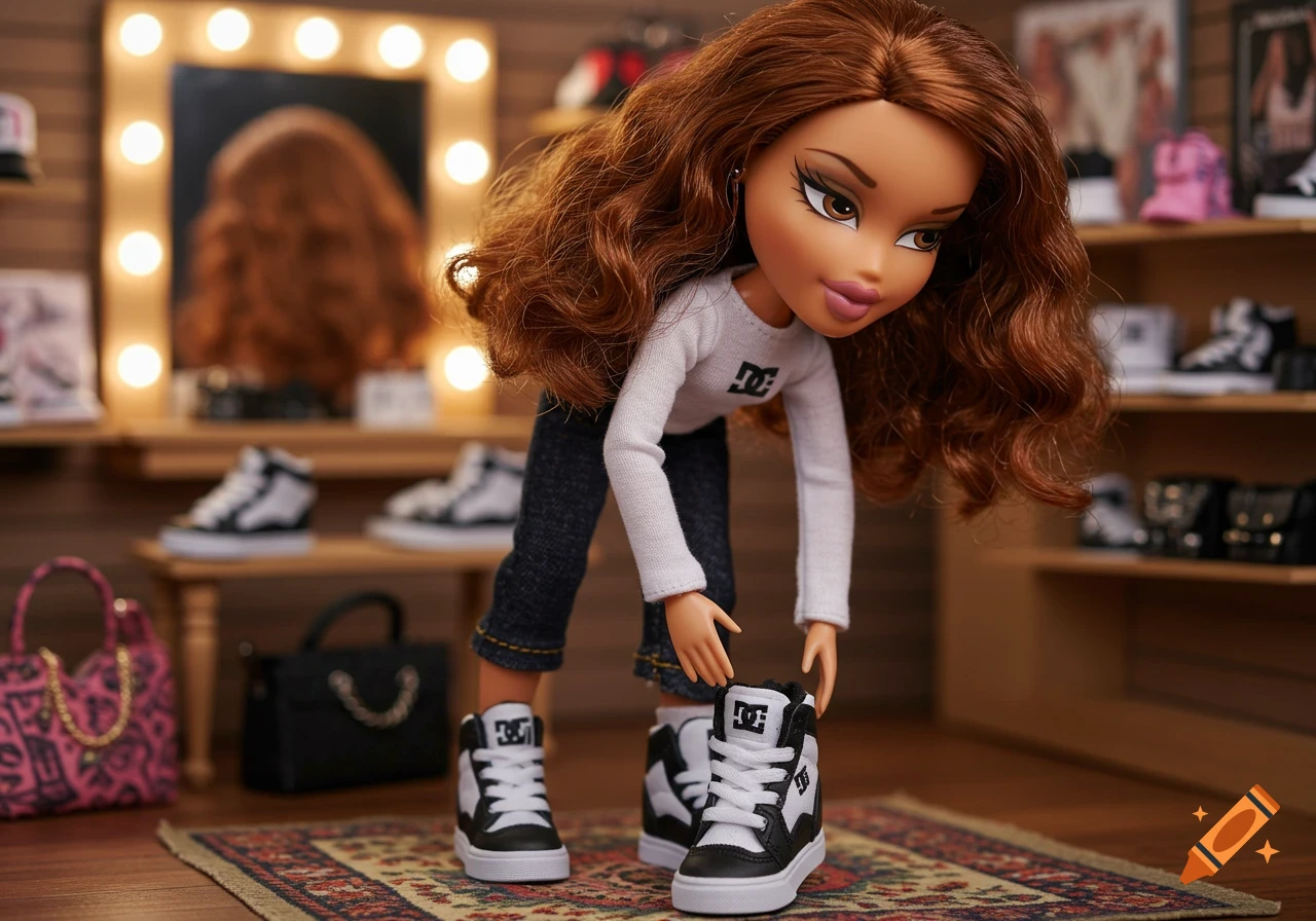 A Bratz doll with brown wavy hair, wearing a white DC long-sleeve shirt, dark jeans, and black and white DC high-top sneakers, bending over in a shoe store setting. Photorealistic.