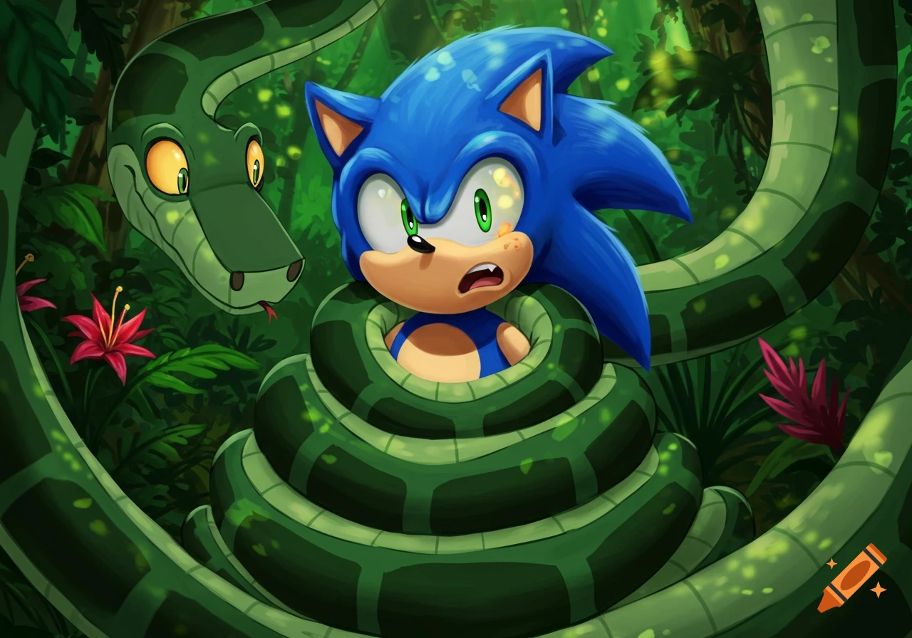 Sonic the Hedgehog looks distressed while tightly wrapped in the coils of a large green snake in a lush jungle.