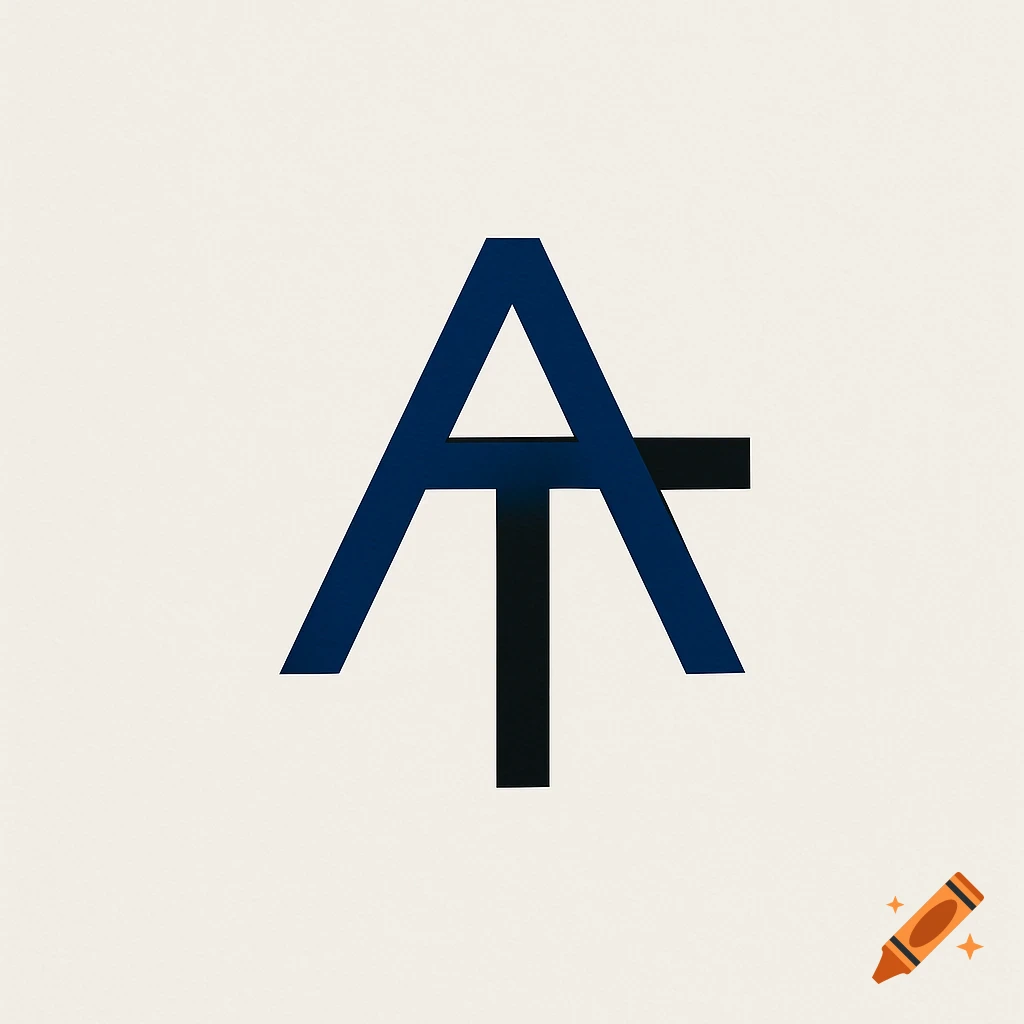 A minimalist logo featuring an intertwined blue letter A and black letter T on a light background.