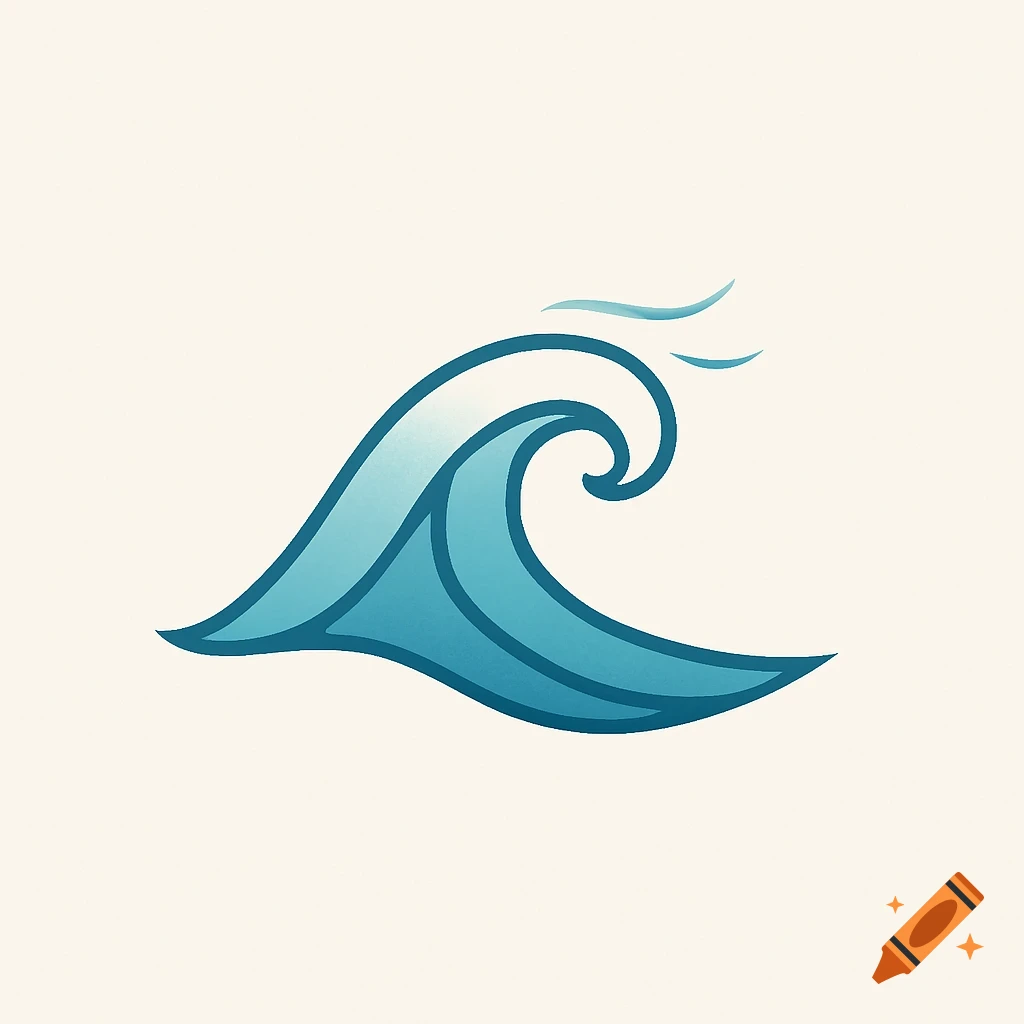 A stylized blue ocean wave logo with a gradient, outlined in a darker blue, on a light cream background.
