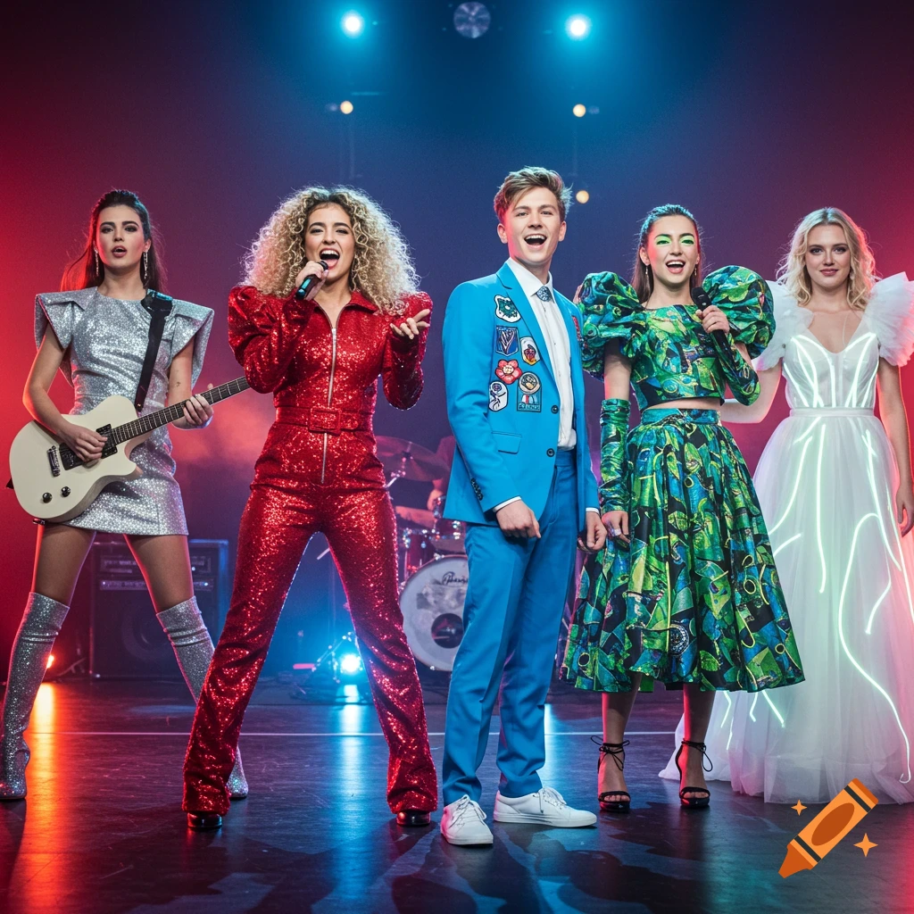 A pop band of four women and one man in elaborate, colorful, and sparkling stage outfits, performing on a dark stage with spotlights.