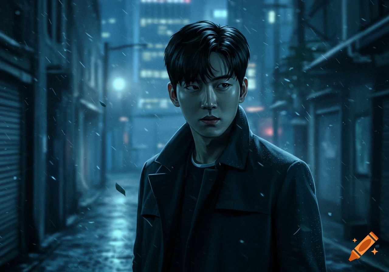 A young man with dark hair in a black coat stands on a rainy city street at night, looking to his left.