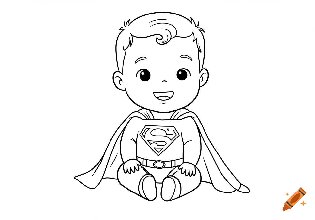 Black and white line art of a cute baby dressed as Superman, sitting and smiling.