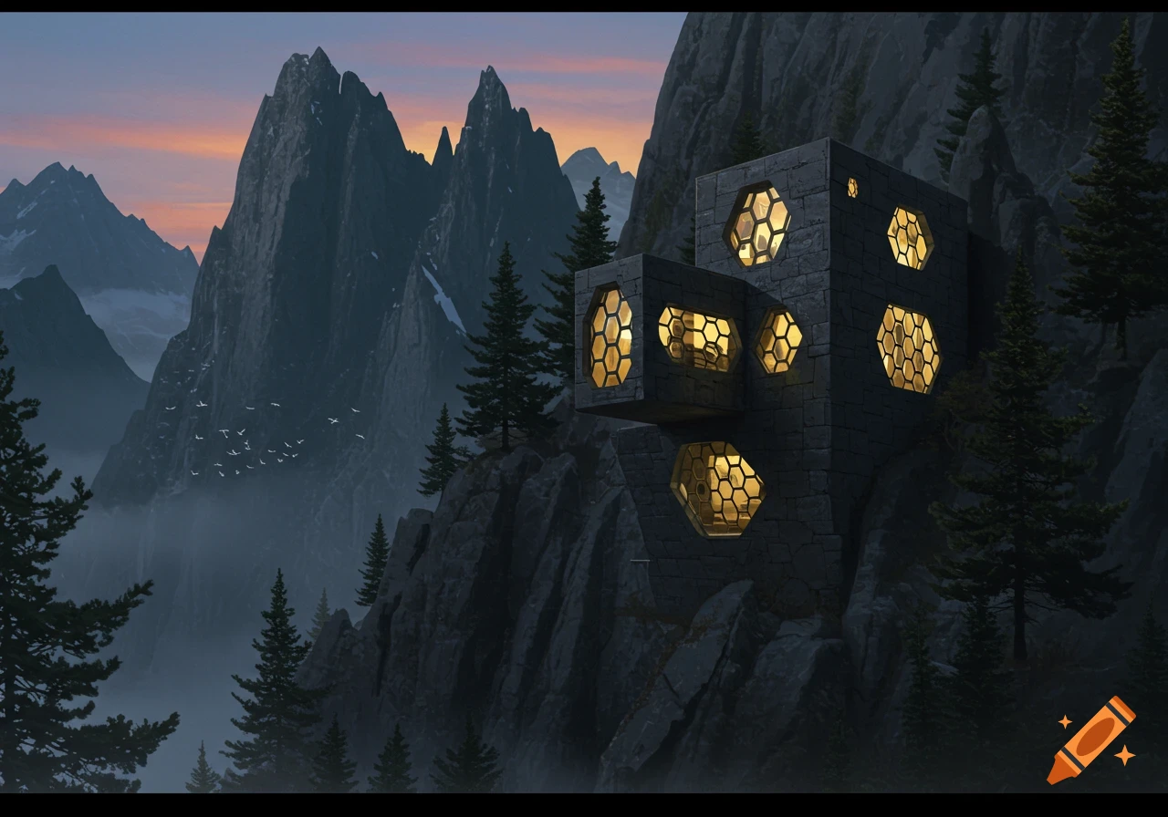 A dark stone building with glowing hexagonal windows nestled into a misty mountain at sunset, with birds flying in the distance.