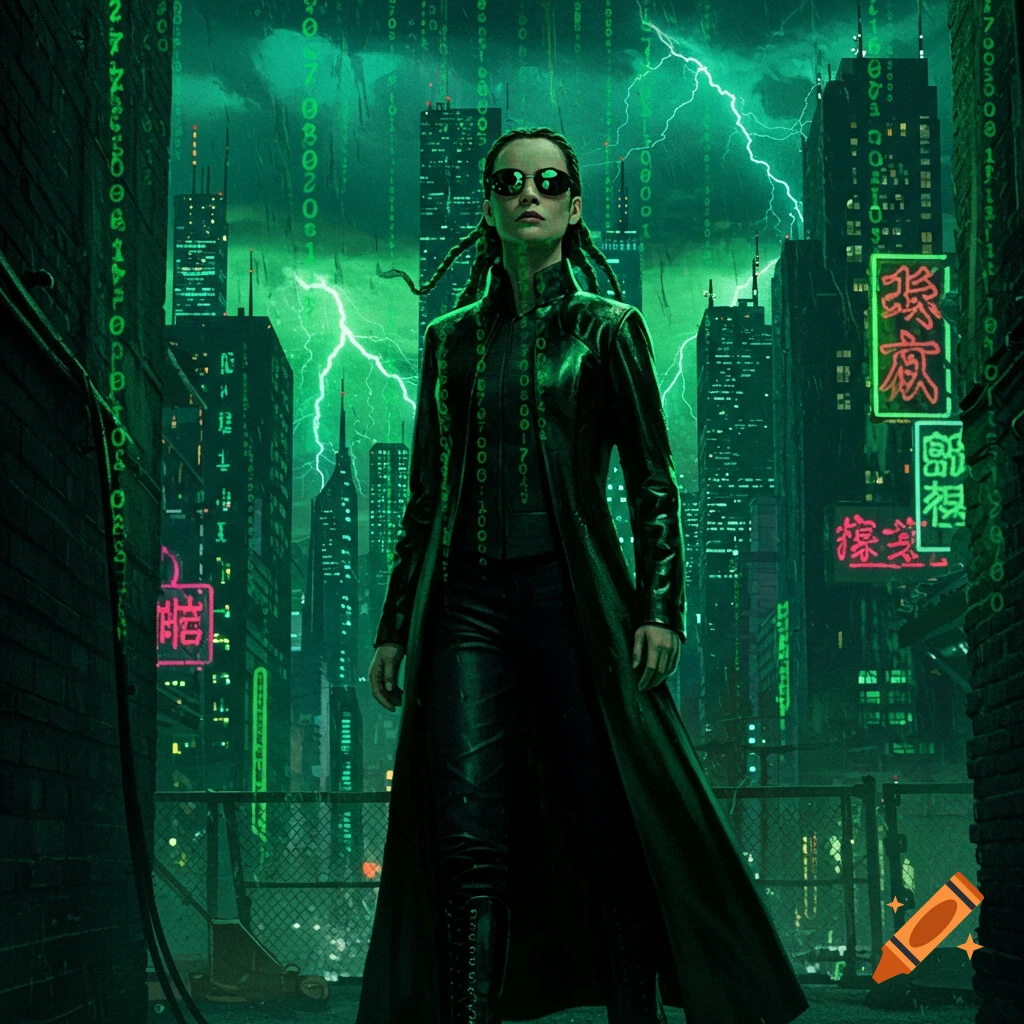 A woman in a long black trench coat and sunglasses stands in a green-tinged cyberpunk city with digital rain and lightning, resembling Niobe from The Matrix.
