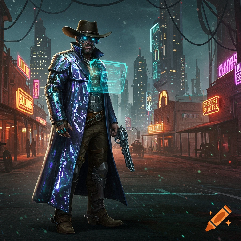 A cybernetic cowboy in a long trench coat and cowboy hat, holding a revolver, stands in a neon-lit cyberpunk city street.