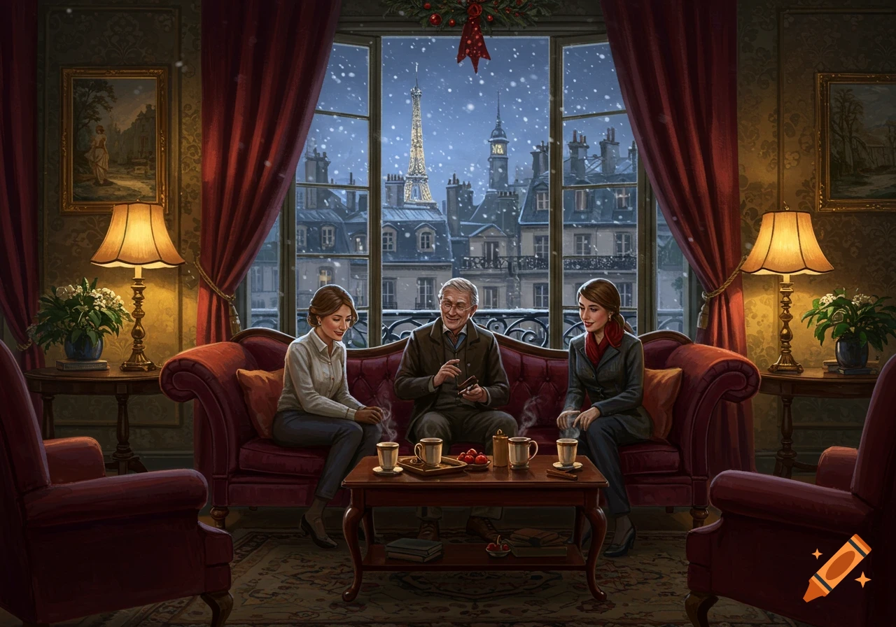 Friends on a red couch in a cozy Parisian apartment, drinking hot chocolate. Snowy Eiffel Tower visible through the window. Illustrated.