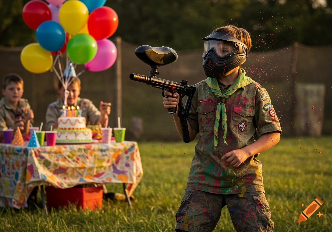 A boy in a scout uniform and paintball mask aims a paintball gun, splattered with paint, with birthday balloons and cake in the blurred background.