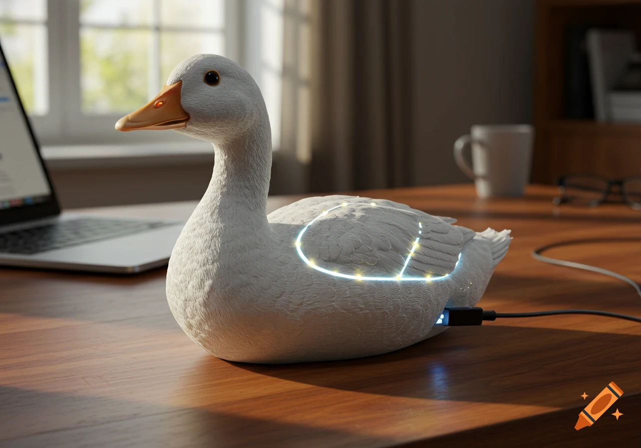 A photorealistic white goose figurine with glowing blue lines, plugged into a USB cable, on a wooden desk with a laptop.