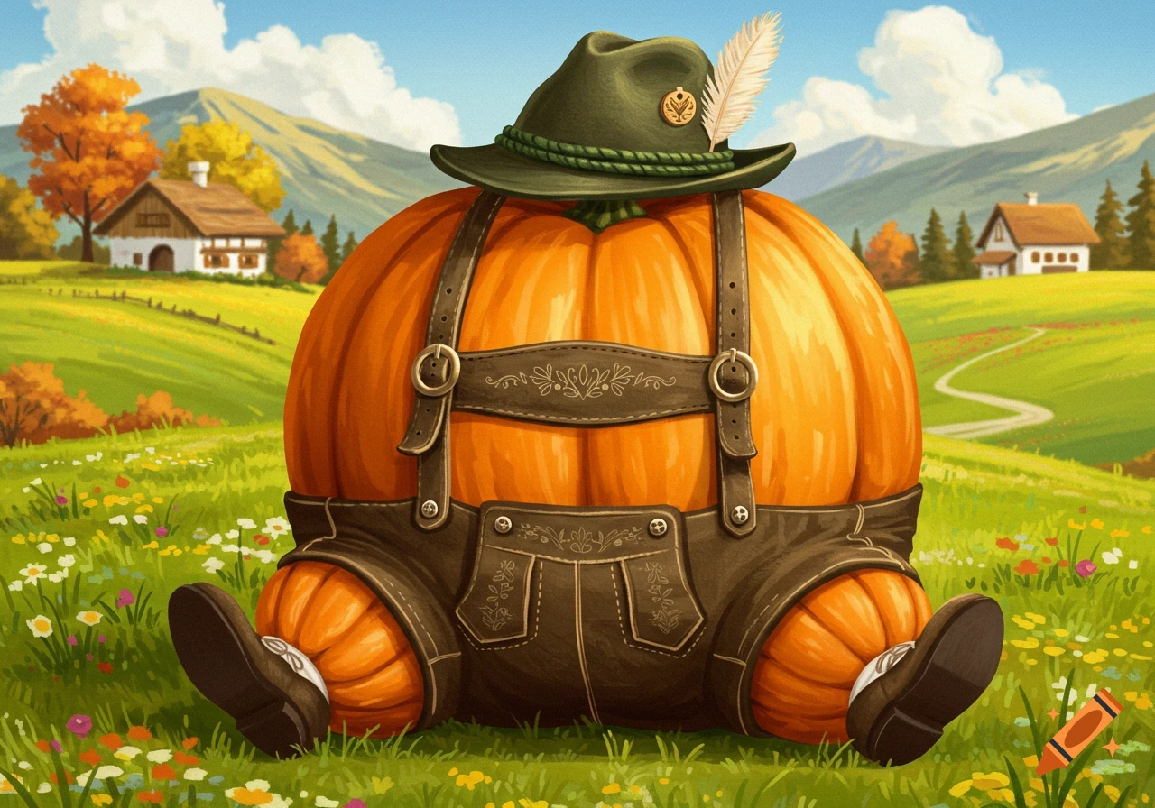 A cute pumpkin wearing traditional German lederhosen and a fedora, sitting in a flower-filled meadow with mountains in the background.