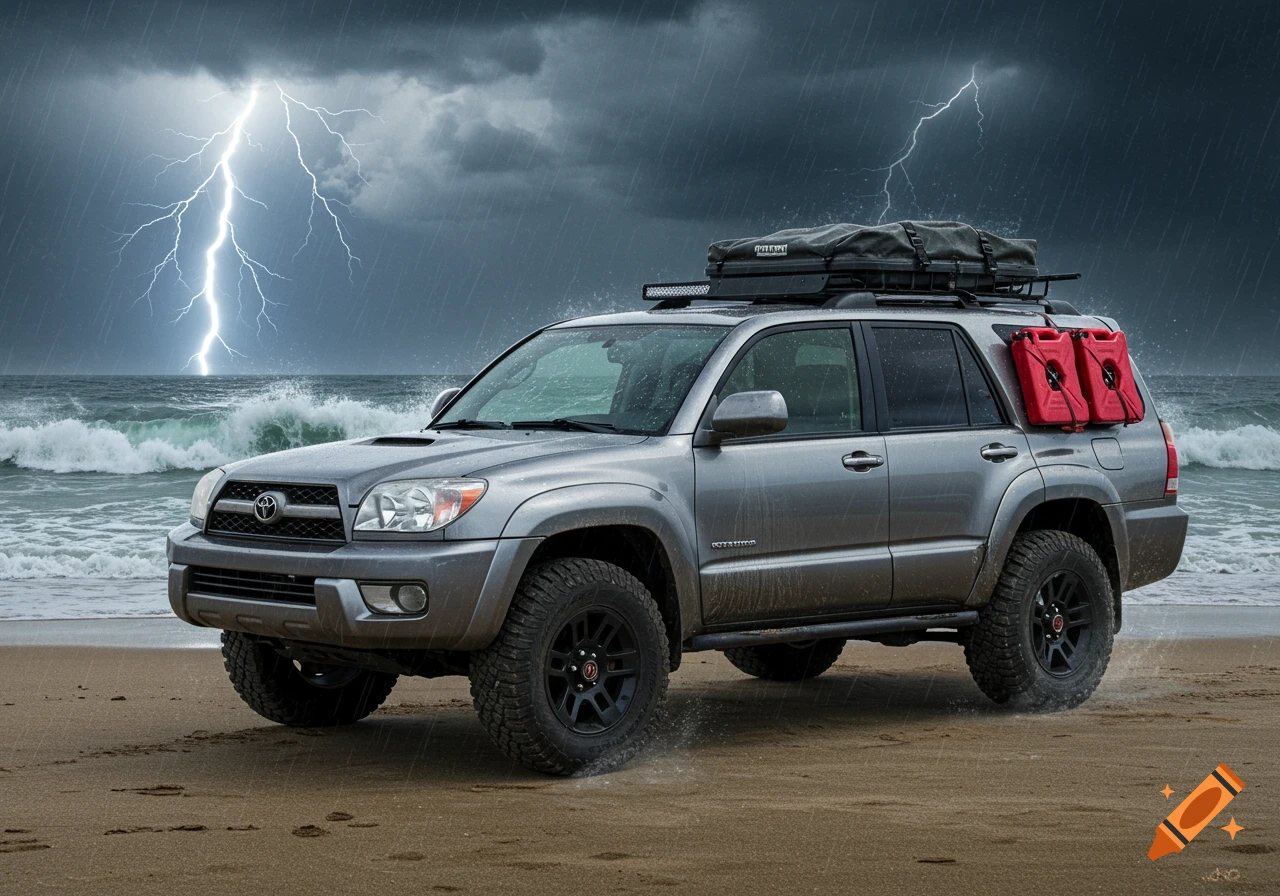 Grey Toyota 4Runner with off-road gear and red fuel cans on a stormy beach with lightning and crashing waves.