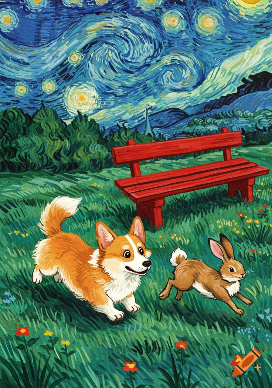 A cute Corgi chasing a bunny in a grassy park with a red bench under a Van Gogh style starry night sky.