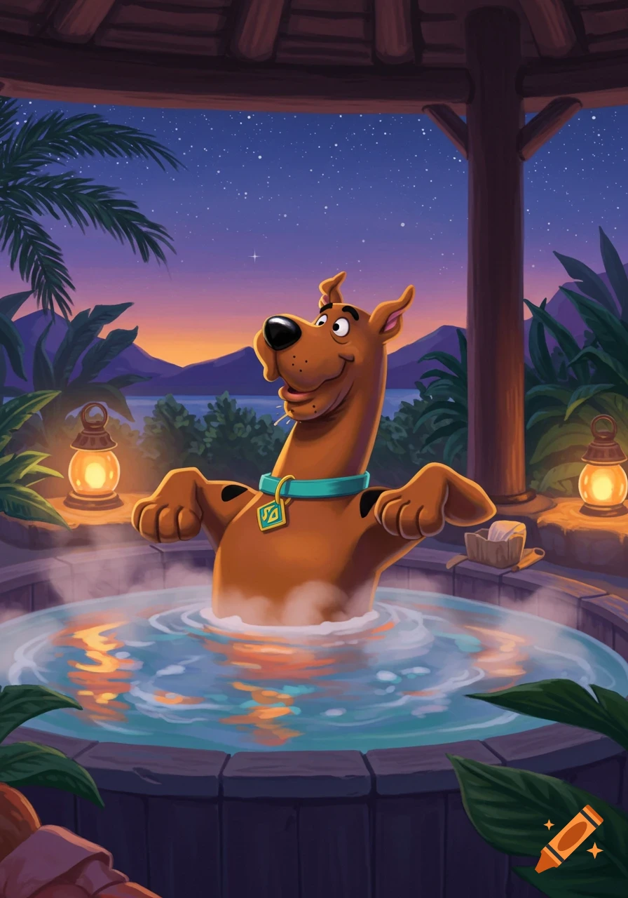 Scooby Doo relaxes in a hot tub under a starry, twilight sky with tropical foliage and lanterns in a vibrant cartoon style.