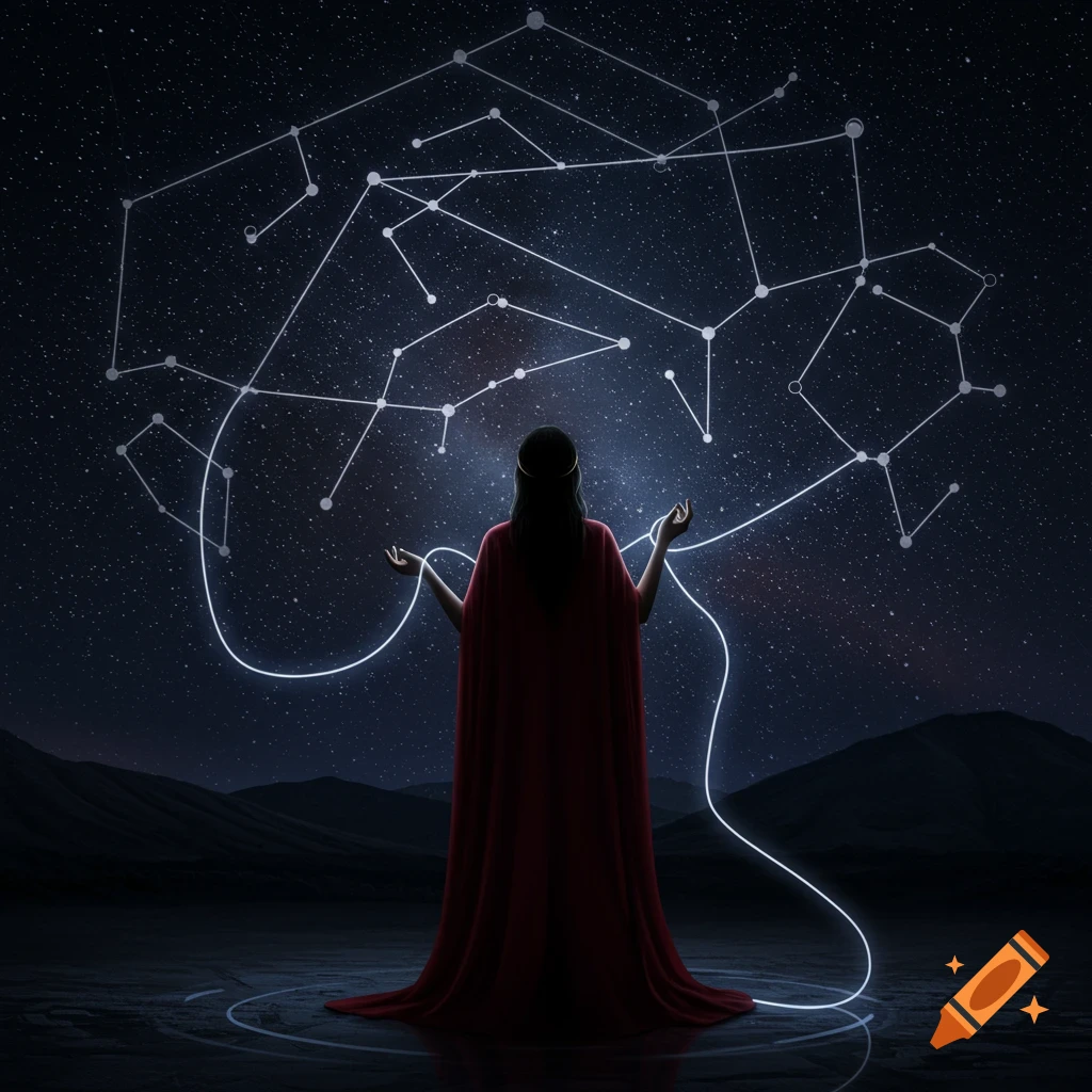 Woman in red robe manipulates glowing threads connecting to constellations in a dark night sky over a desolate landscape.