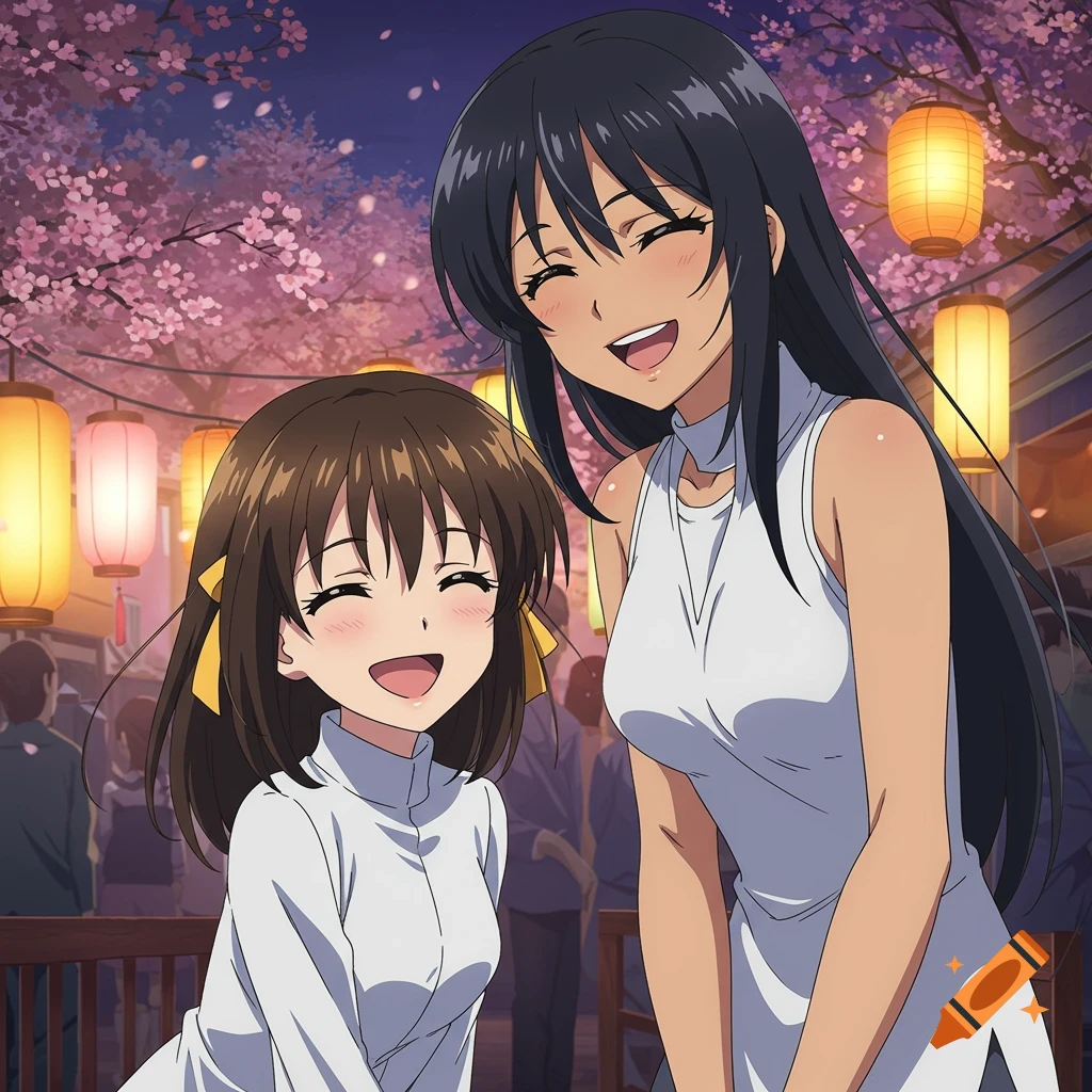 Two anime characters, a girl with brown hair and a woman with black hair, laughing at a night festival with cherry blossoms and lanterns.
