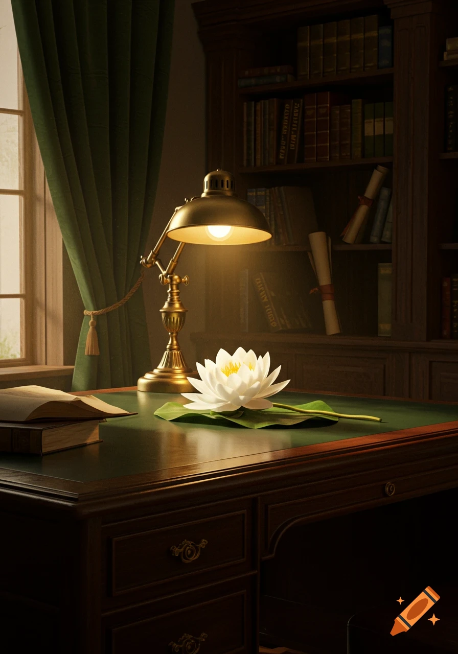 A white lotus flower rests on a green-topped wooden desk, illuminated by a brass antique lamp, next to an open book in a warm study with bookshelves and drapes.