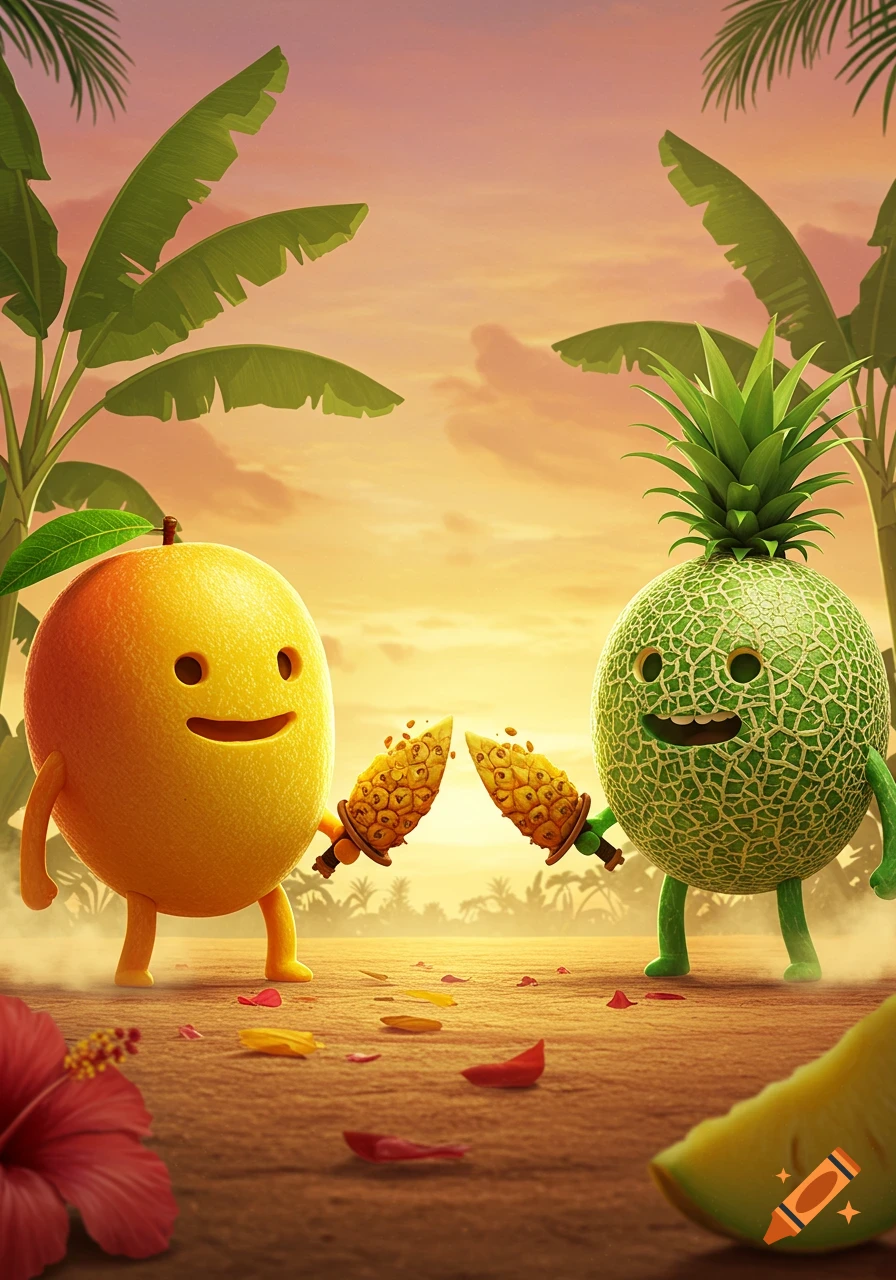 A cartoon mango and a melon character, each holding a pineapple sword, facing each other on a tropical beach at sunset.