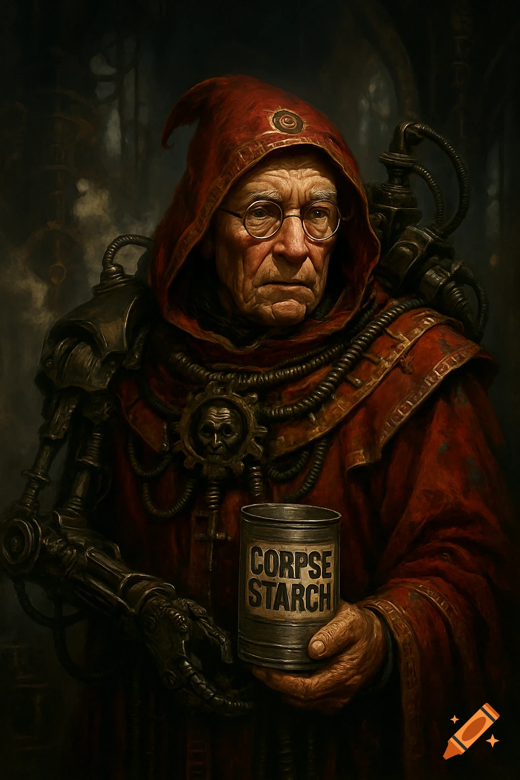 A grim Warhammer 40k Tech-Priest in red robes, mechanical arm, holding a 'CORPSE STARCH' can, dark detailed portrait.
