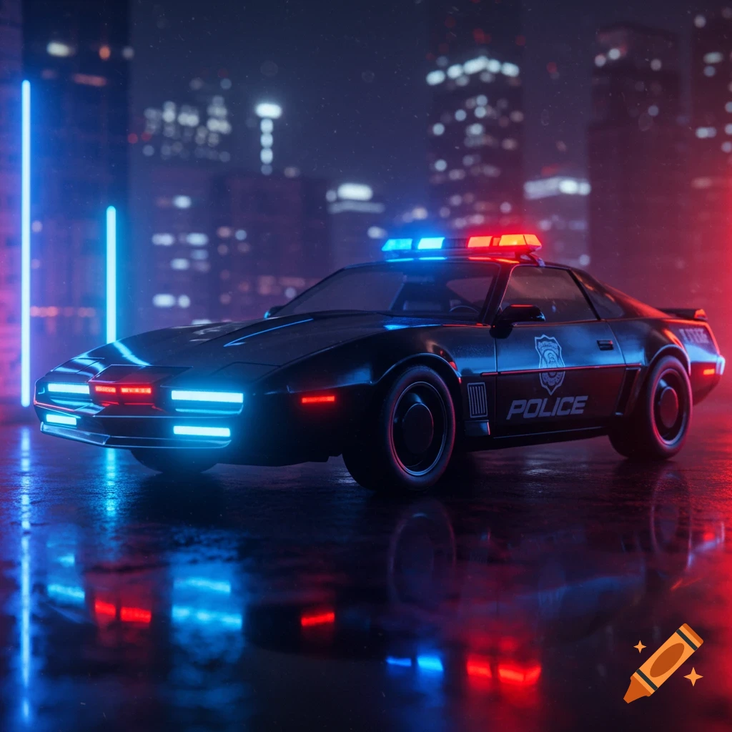 A sleek black police car with red and blue neon lights drives through a rain-slicked cyberpunk city at night, reflecting the vibrant colors.