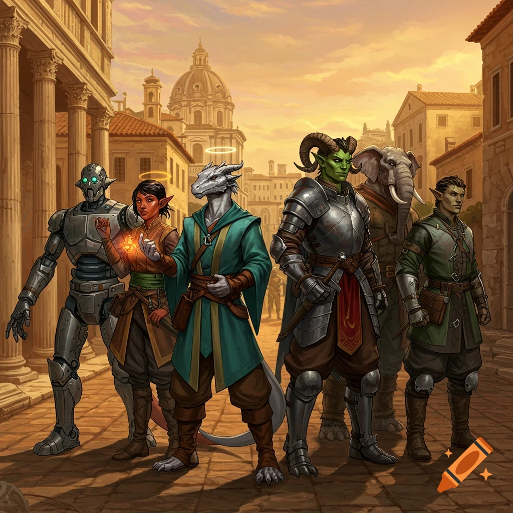 A diverse fantasy adventuring party, including a robot, dragonborn, tiefling, anthro elephant, and humanoids, standing in a sunlit Roman city.