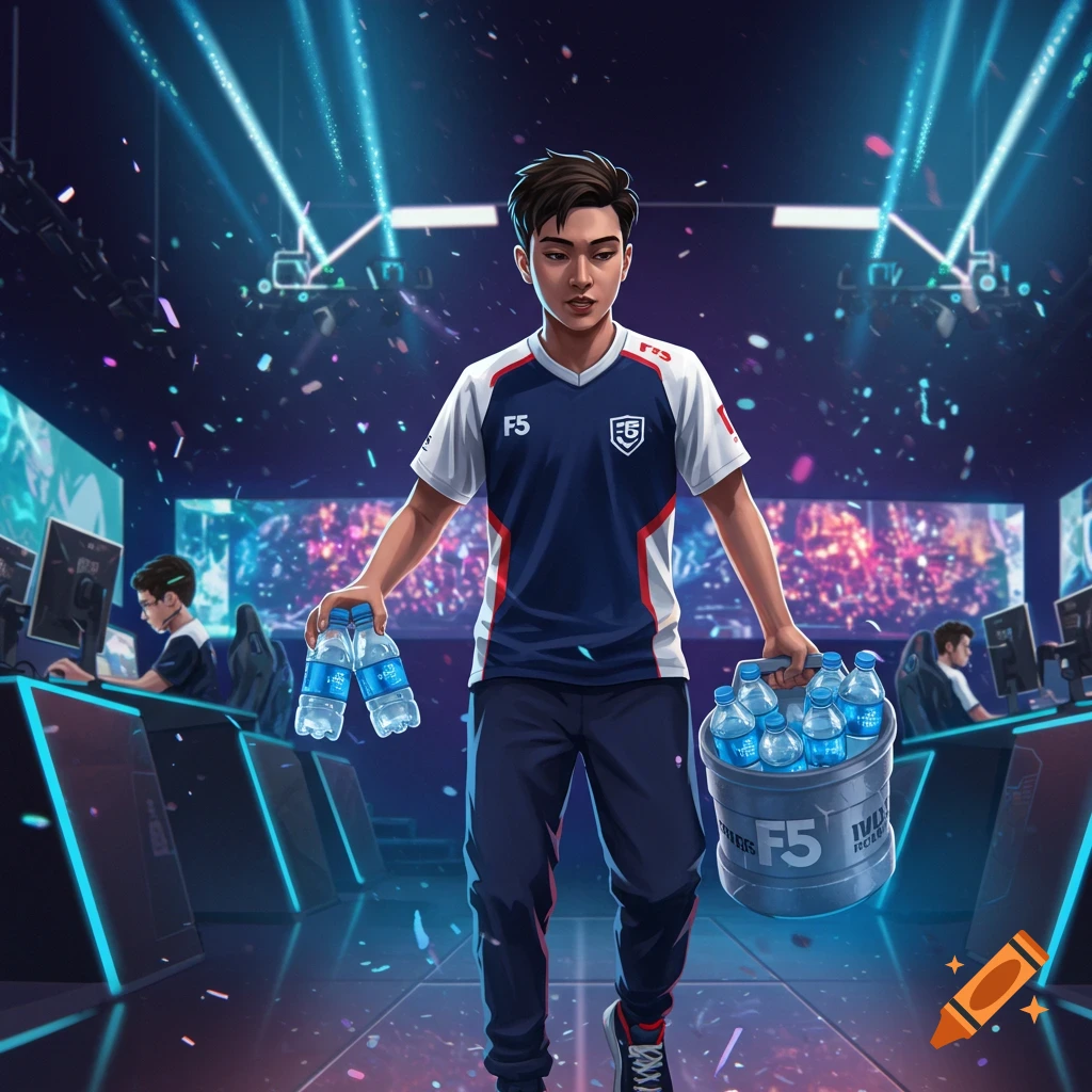 A young man in an esports jersey carries water bottles in a brightly lit gaming arena with confetti.