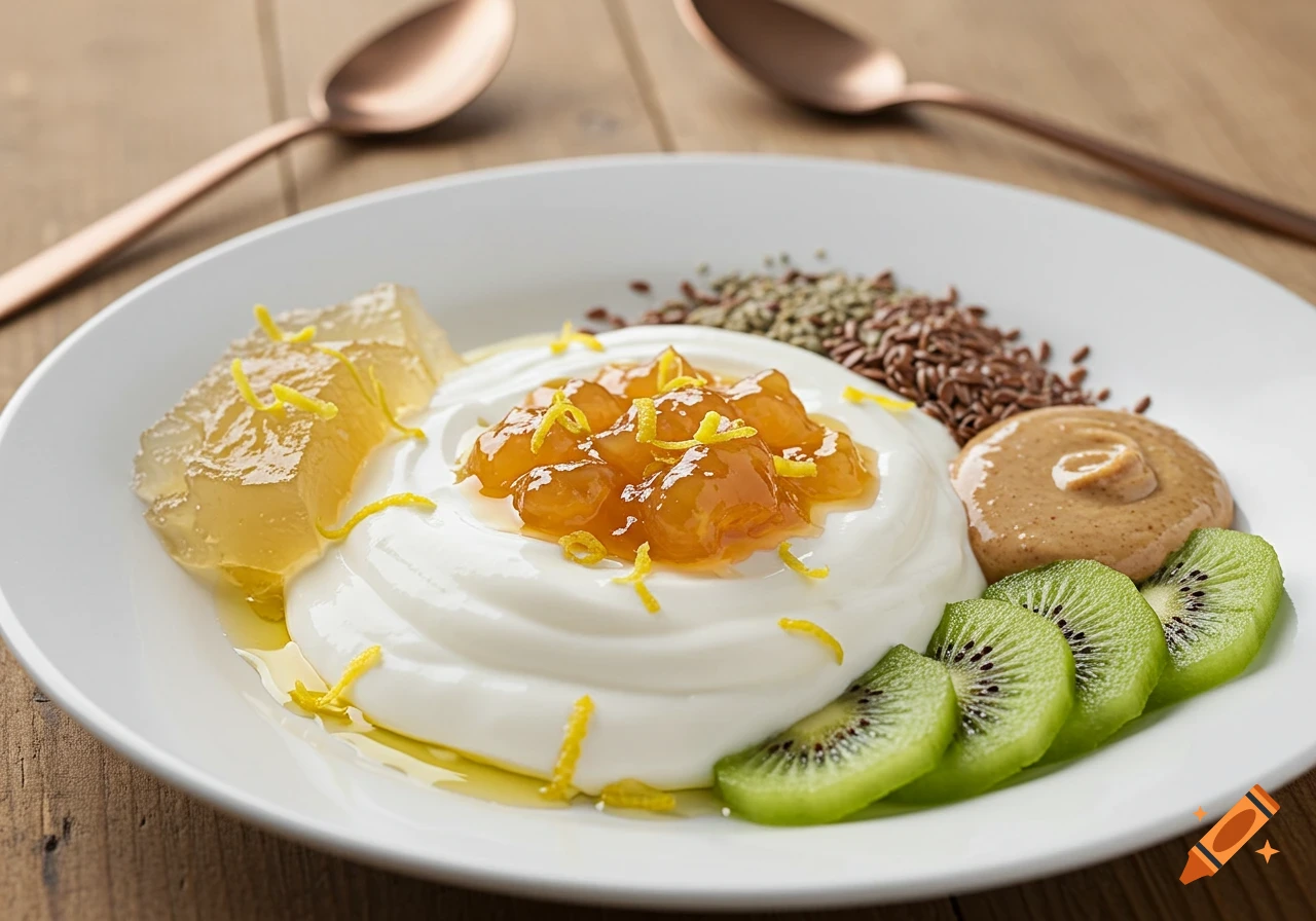 Plate of vanilla yogurt, quince and lemon zest jam, apple gelee, almond butter, kiwi, and flaxseeds on a wooden table.