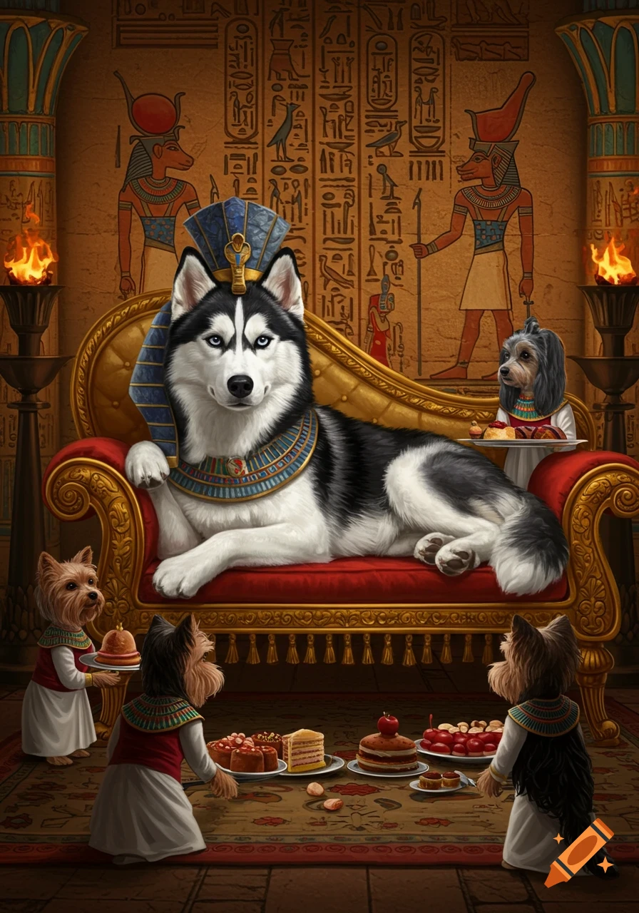 A majestic husky in Egyptian pharaoh attire reclines on a golden couch, served desserts by smaller Yorkshire terriers in ancient Egyptian servant outfits, against a backdrop of hieroglyph-covered walls.