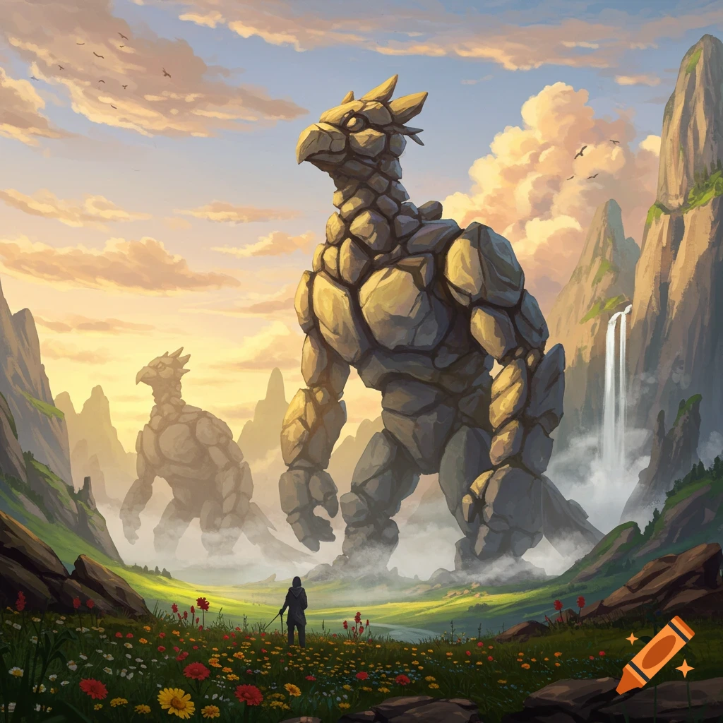 A small figure stands in a vibrant valley gazing at two enormous, bird-like rock monsters, with mountains and a waterfall in the background.