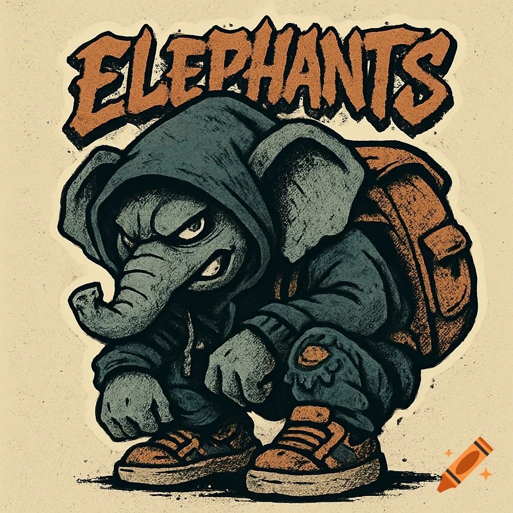 A gritty, cartoon elephant character crouching in a tough pose, wearing a dark hoodie, ripped jeans, sneakers, and a backpack, in an urban graffiti style with text "ELEPHANTS" above.