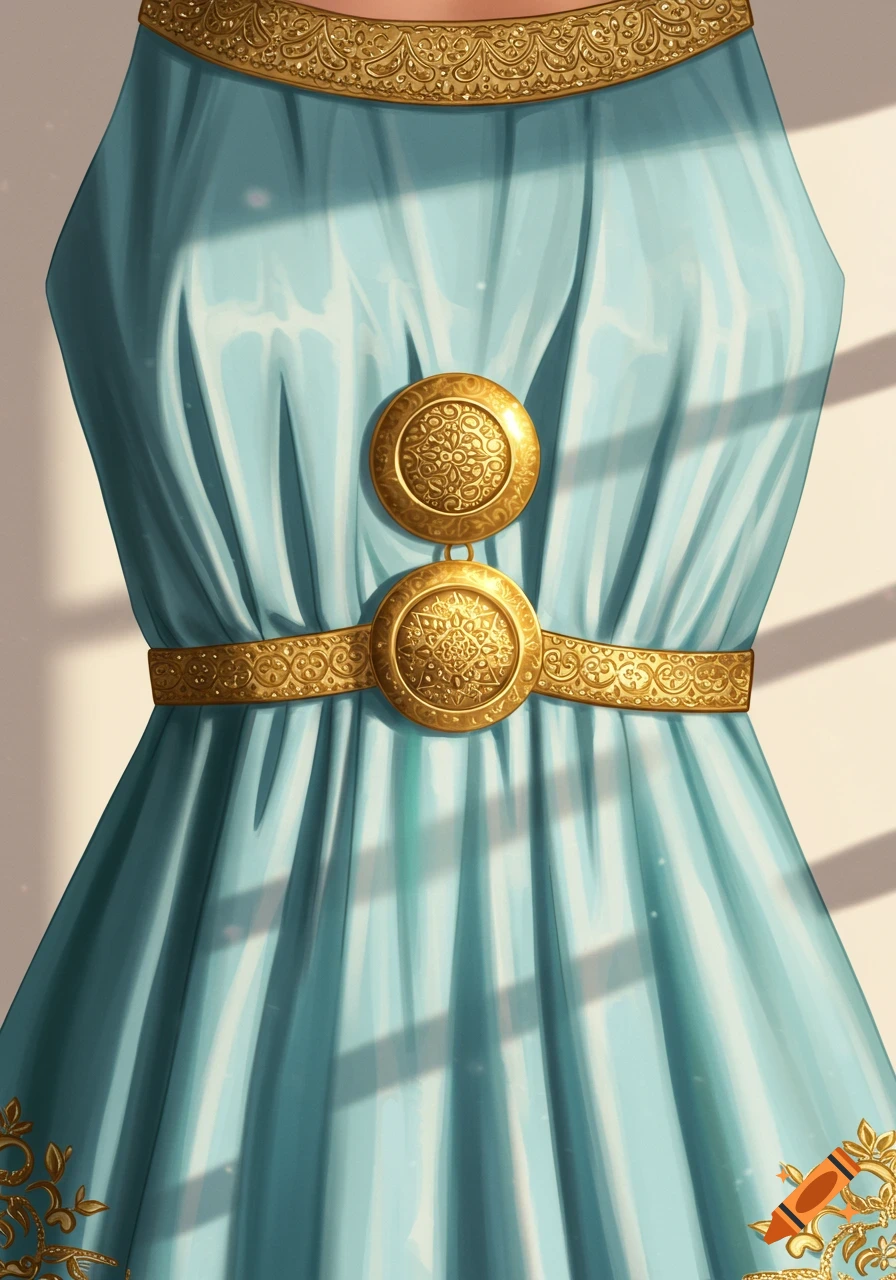 Close-up of a light blue dress with a gold patterned collar, belt, and two large circular gold medallions on the bodice, in a digital art style.