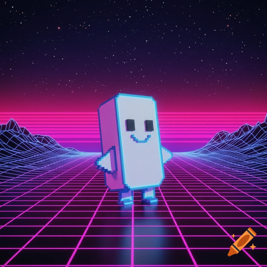 A friendly pixel art character in an 80s retro synthwave grid landscape with wireframe mountains and a starry sky.