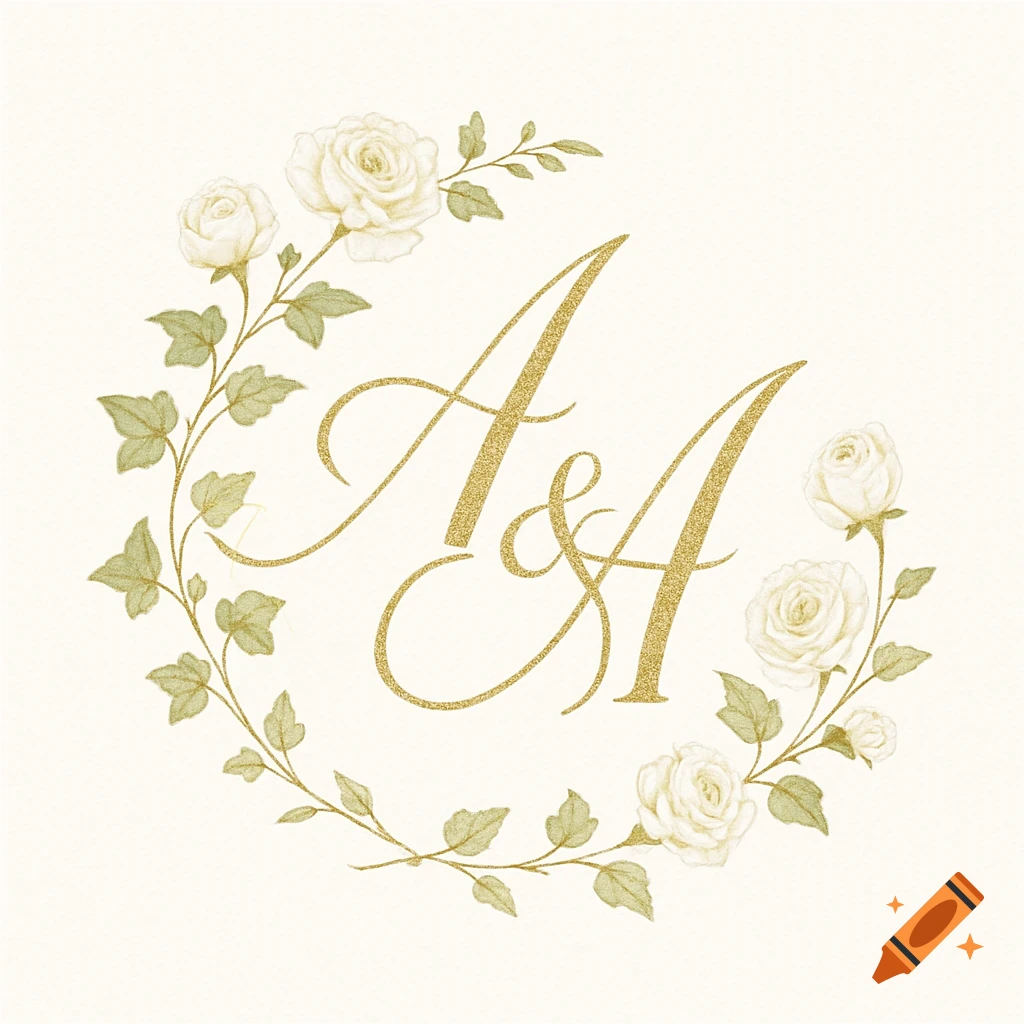 Golden glitter initials 'A & A' surrounded by a delicate wreath of white roses and green ivy leaves on a cream background.