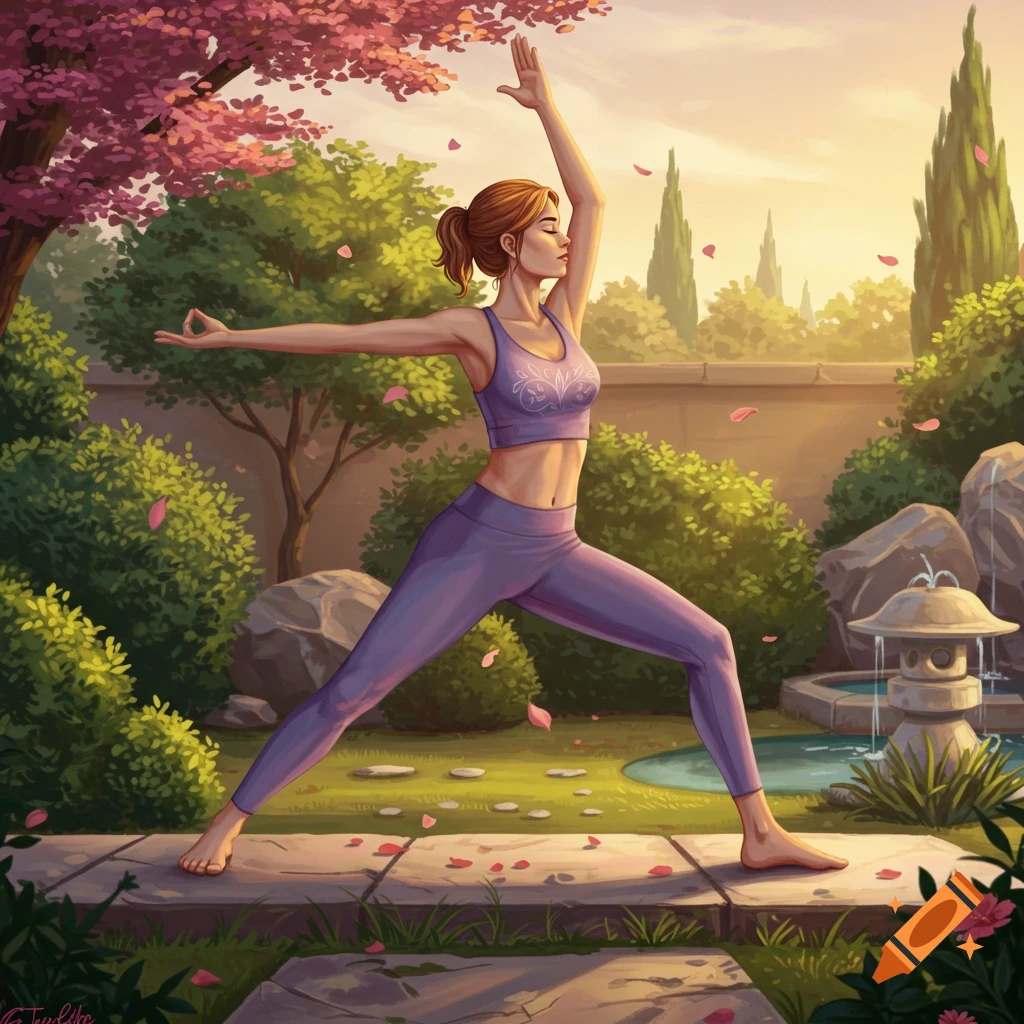 Digital illustration of a woman in purple doing a yoga pose in a vibrant garden with cherry blossoms and a stone lantern.