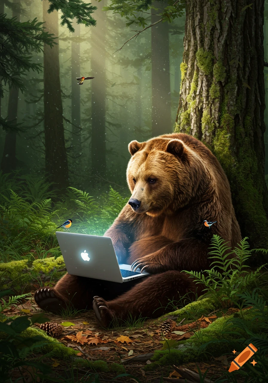 A photorealistic grizzly bear sits on a mossy forest floor, using a glowing laptop under dappled sunlight.