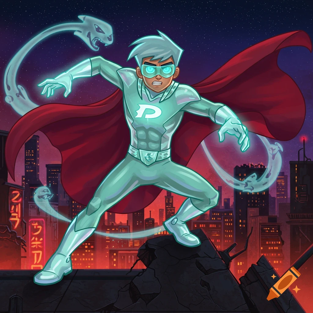 Cartoon superhero Danny Phantom in a glowing green suit and red cape, posing heroically on a rooftop with ghosts in a night city scene.