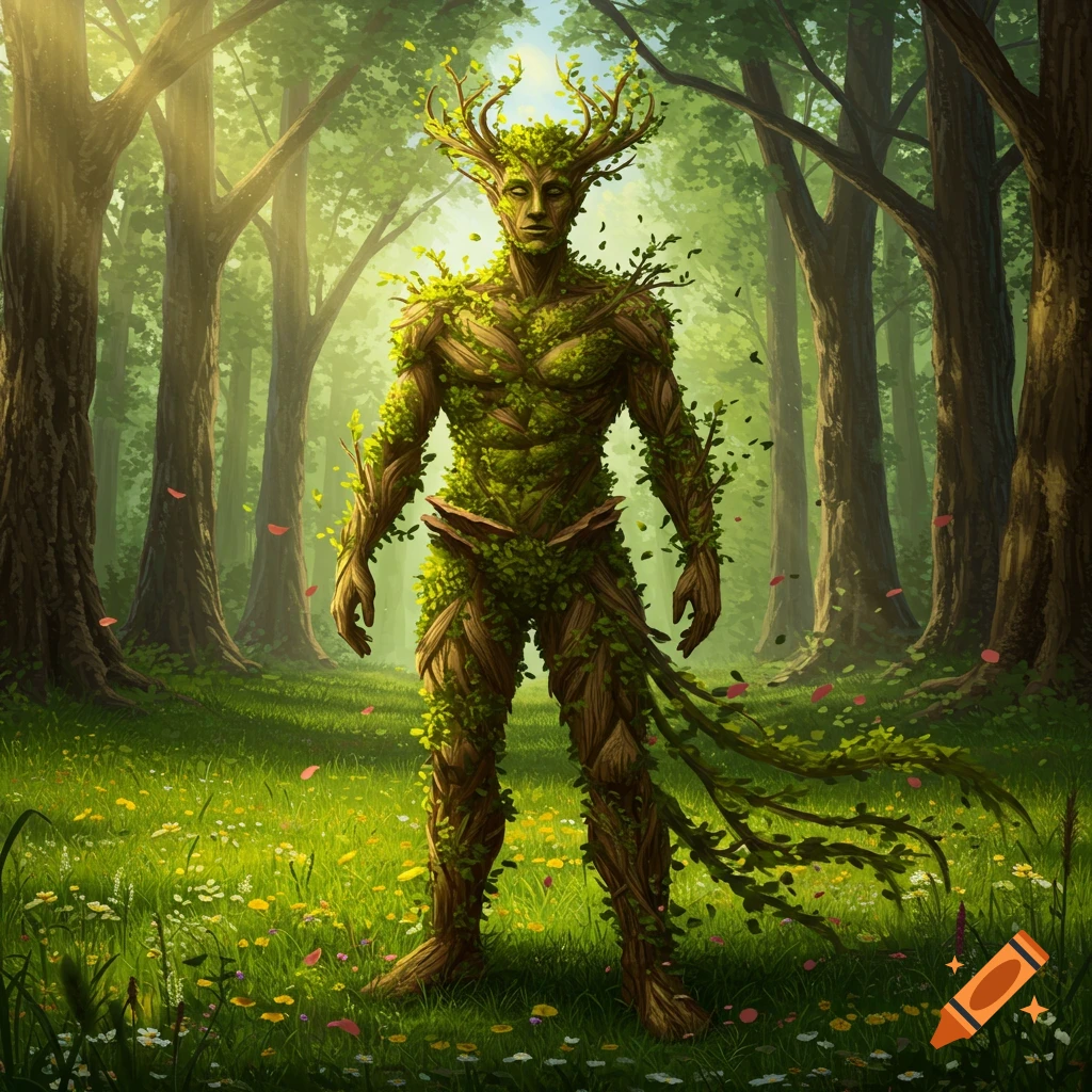 A treeman with antlers made of branches and leaves stands in a sunlit, lush forest with wildflowers.