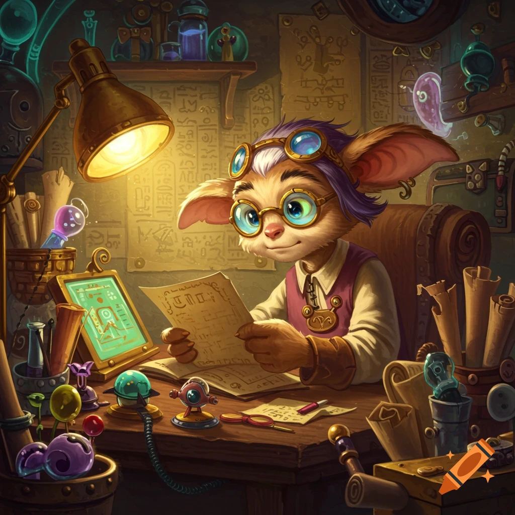An anthropomorphic creature with large ears and goggles reads papers at a desk in a cluttered steampunk-style workshop filled with alchemical and mechanical gadgets.