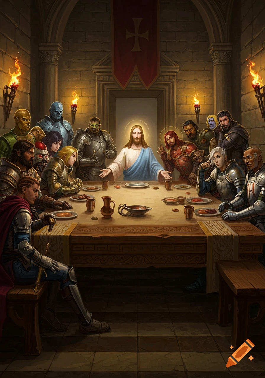 Jesus and a diverse group of armored fantasy characters, including orcs and elves, share a meal at a long table in a torch-lit stone hall.