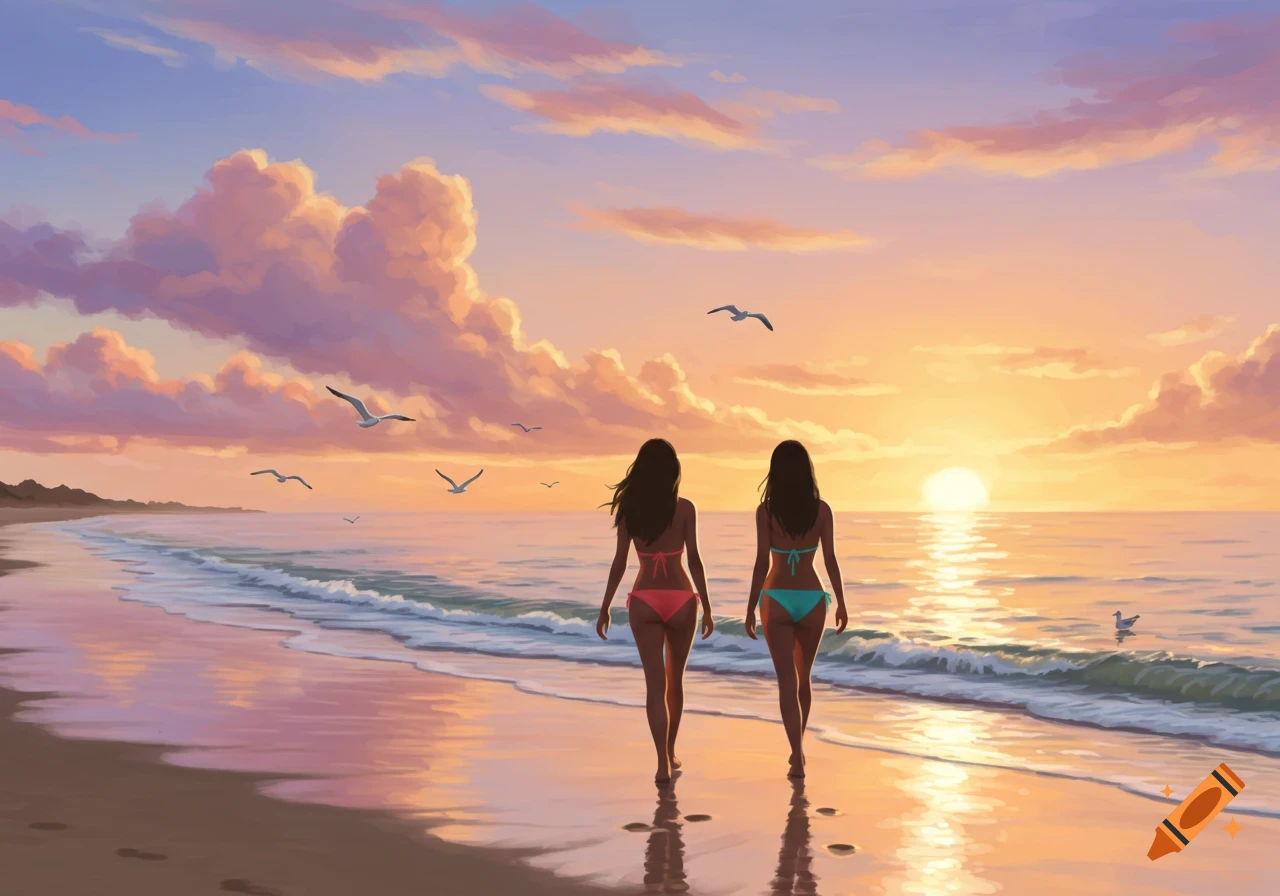 Two women in bikinis walk along a beach at a colorful sunset with gulls flying overhead, in an illustrated style.