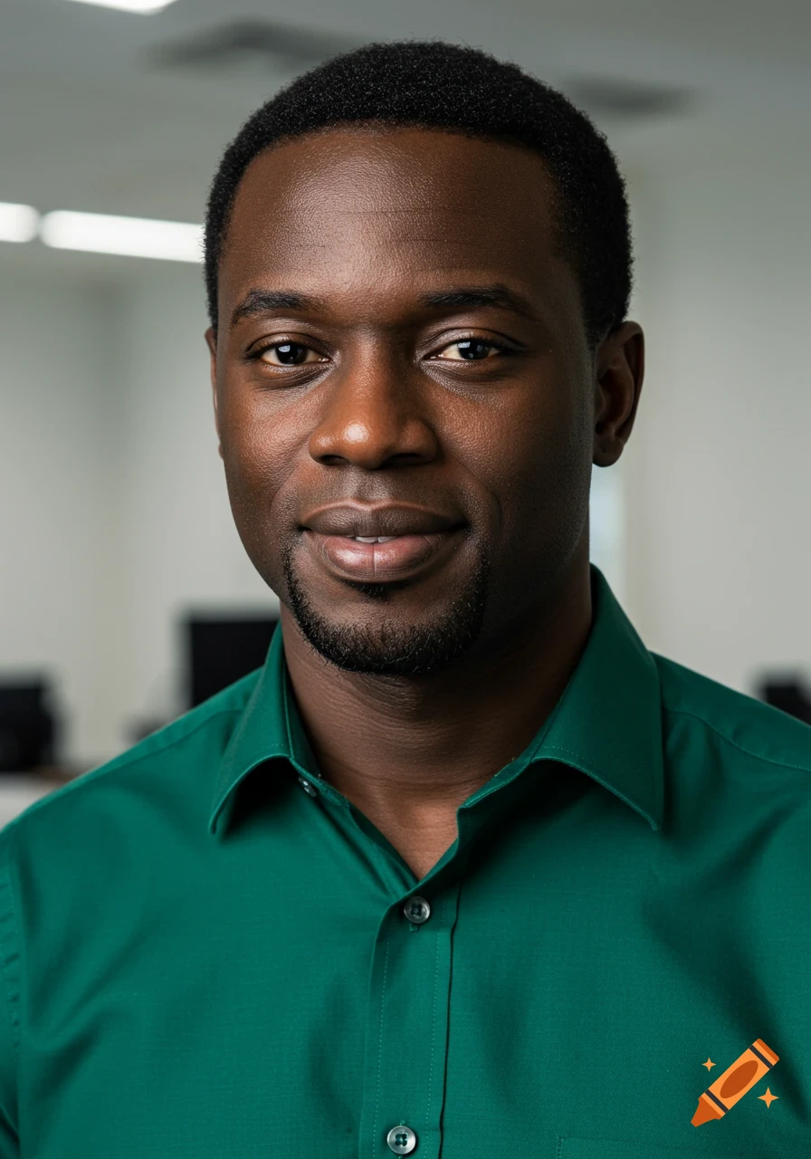 Photorealistic headshot of a smiling black man in a green business shirt, looking directly at the camera.