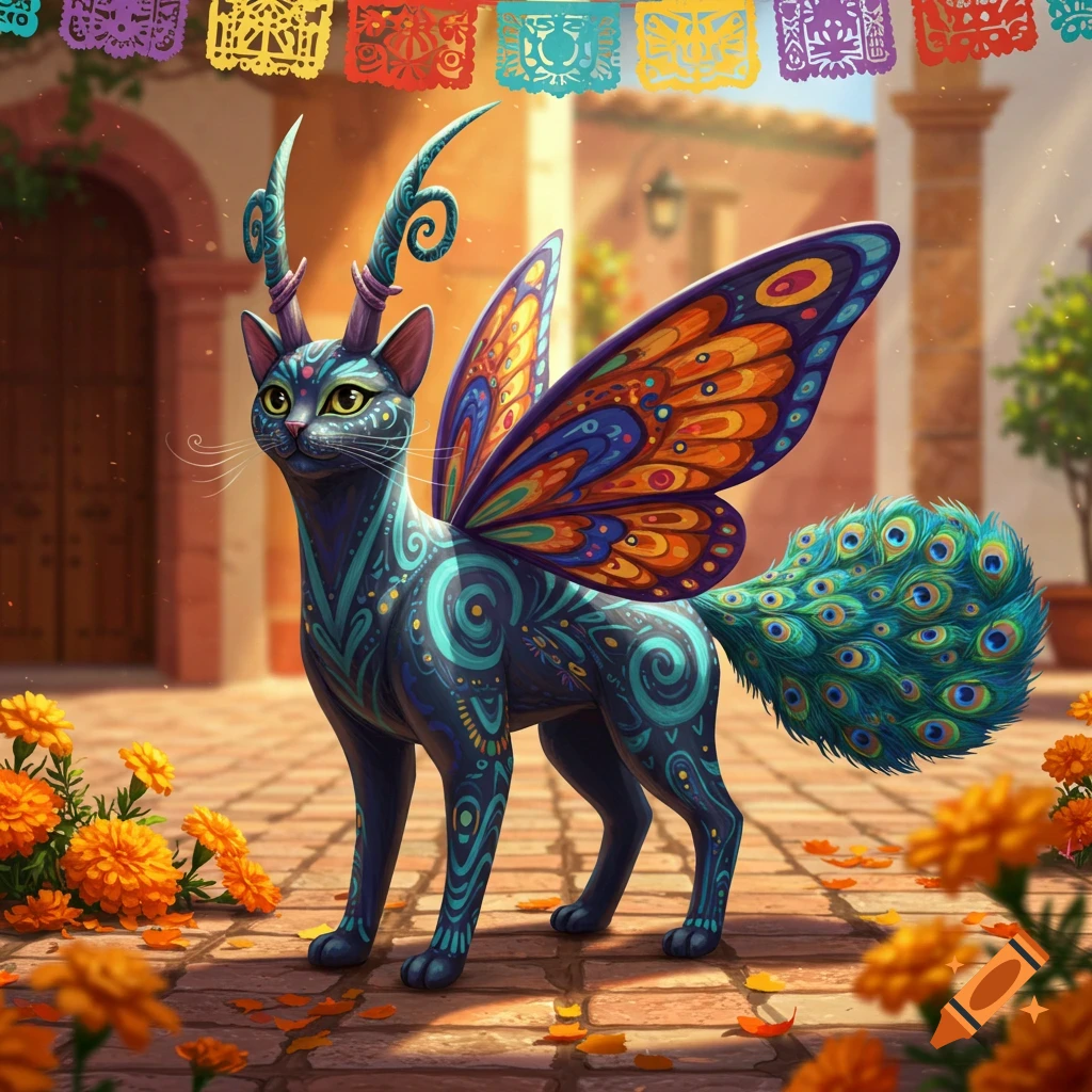 A colorful, stylized alebrije cat with butterfly wings and a peacock tail stands on a tiled patio amidst marigolds and papel picado banners.