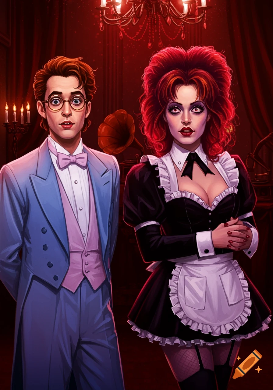 Stylized illustration of a man in a blue suit and a woman with red hair in a maid costume, standing in a dimly lit, opulent room.